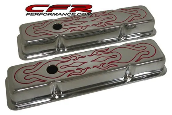 1958-86 CHEVY SMALL BLOCK 283-305-327-350-400 SHORT STEEL VALVE COVERS - RED FLAMED