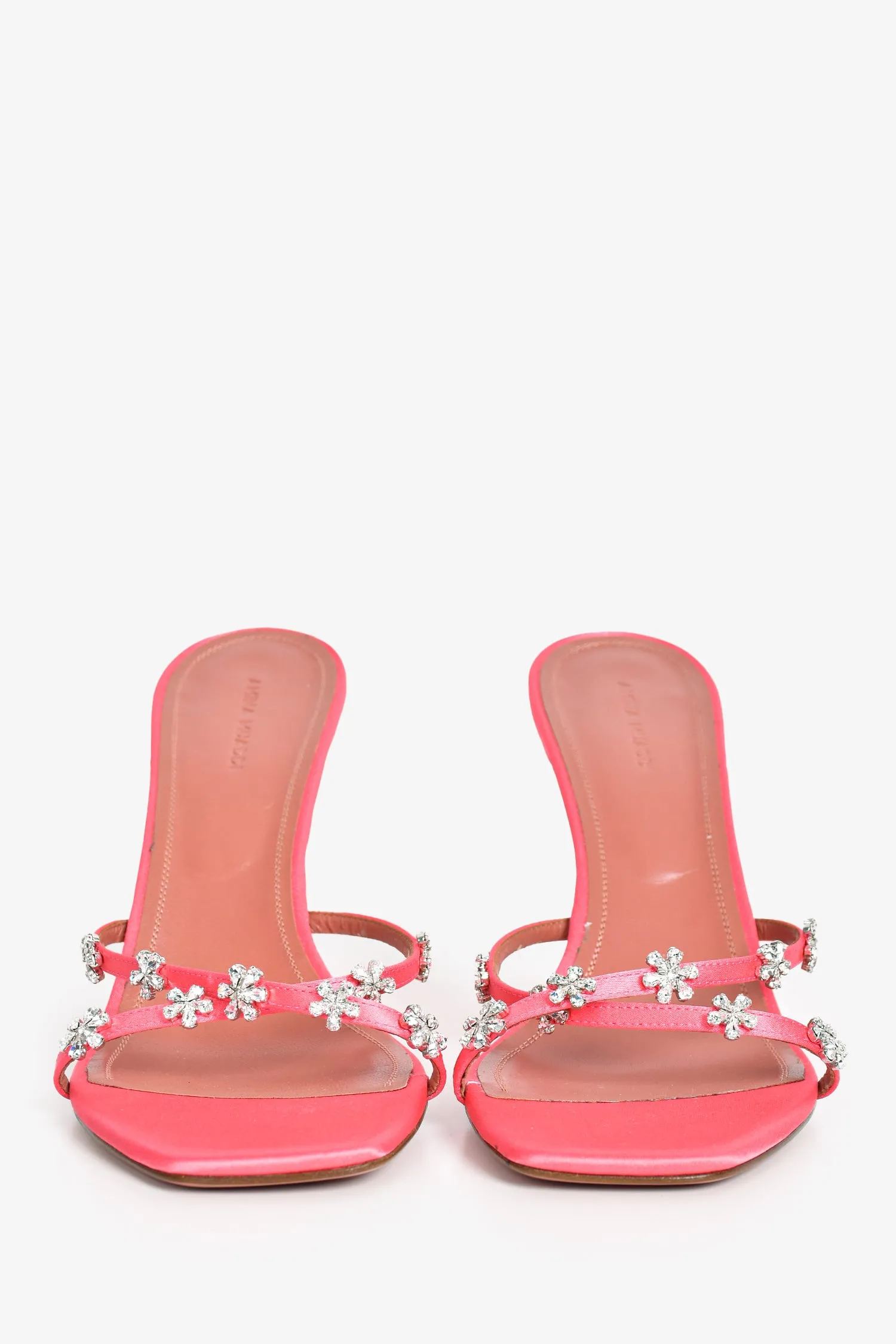 Amina Muaddi Pink Satin Crystal Lily 'Bubble' Heeled Sandals Size 41