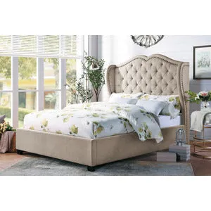 Beige Button-Tufted Wingback Queen Bed - Solid Wood Frame, Fabric Upholstery