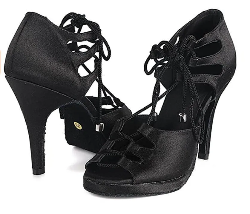 Black Satin Lace Up Samba Platform Dance Shoes