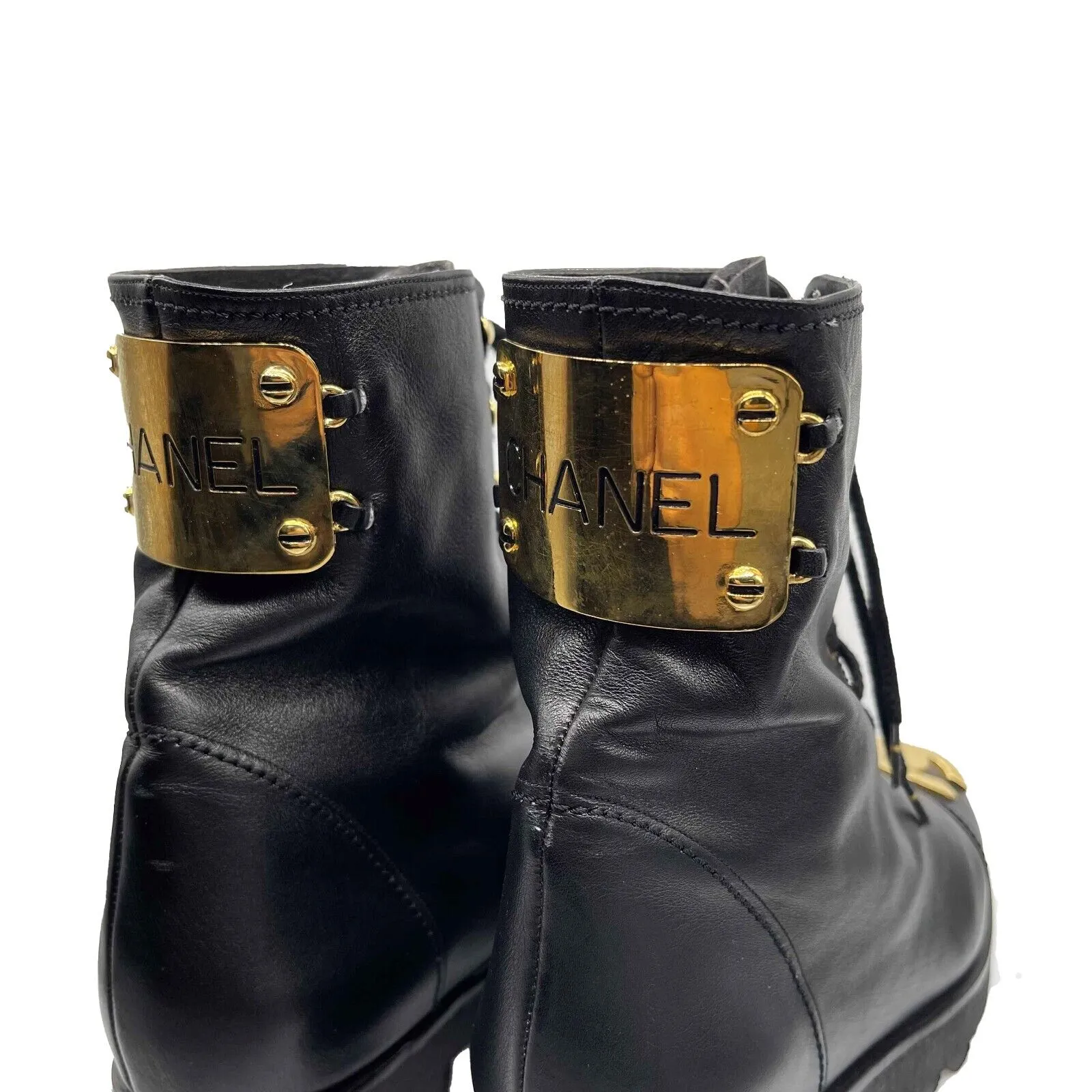 Chanel RARE Vintage Combat Boots w/Gold Plated Plaque 1990 Black FR 36 US 5.5