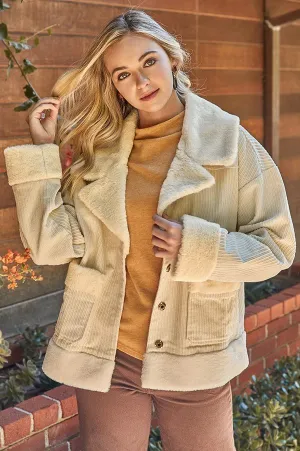 Faux fur and corduroy jacket featuring hidden placket and pocket