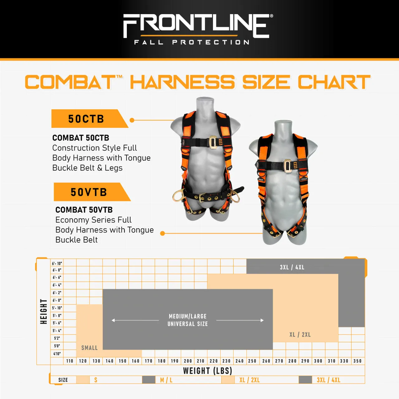 Frontline 50CTB Combat Construction Style Full Body Harness with Tongue Buckle Belt & Legs M/L