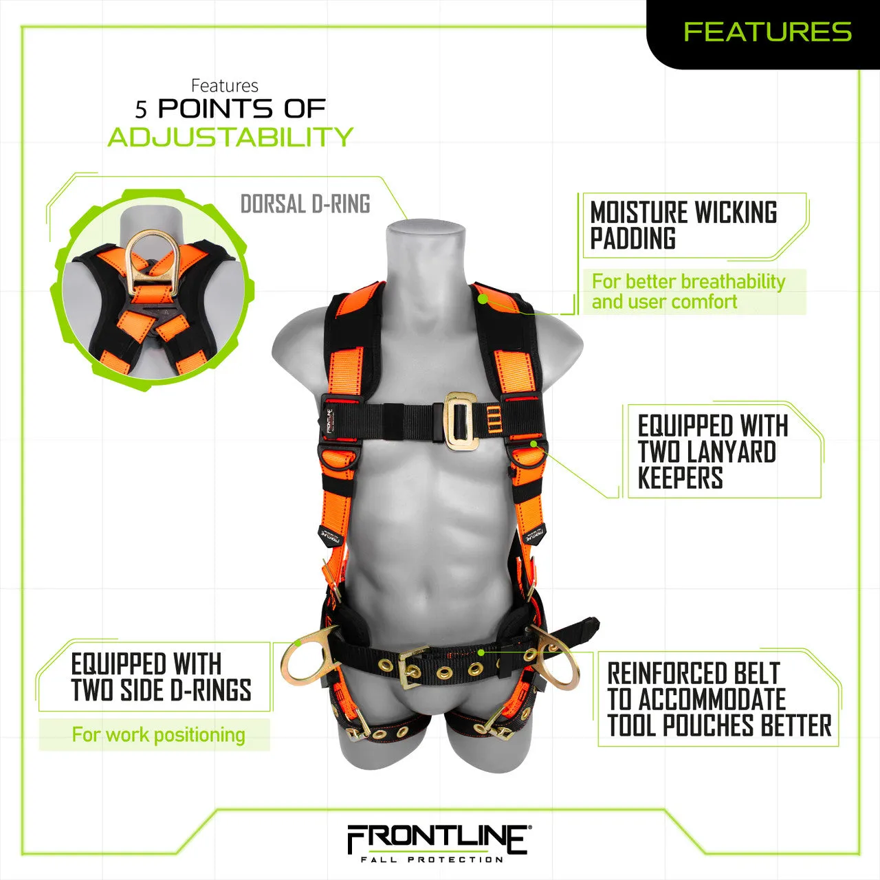 Frontline 50CTB Combat Construction Style Full Body Harness with Tongue Buckle Belt & Legs M/L