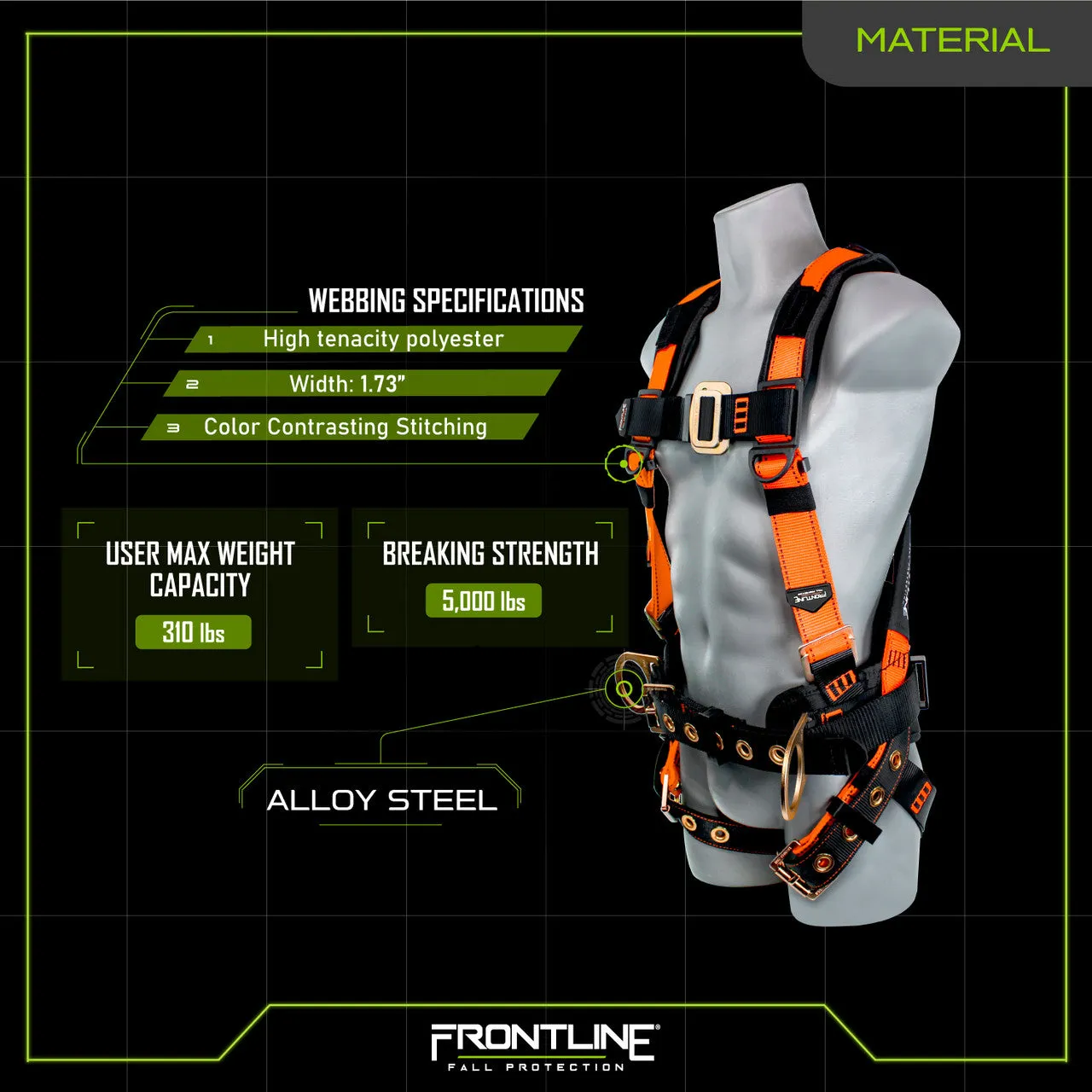 Frontline 50CTB Combat Construction Style Full Body Harness with Tongue Buckle Belt & Legs M/L