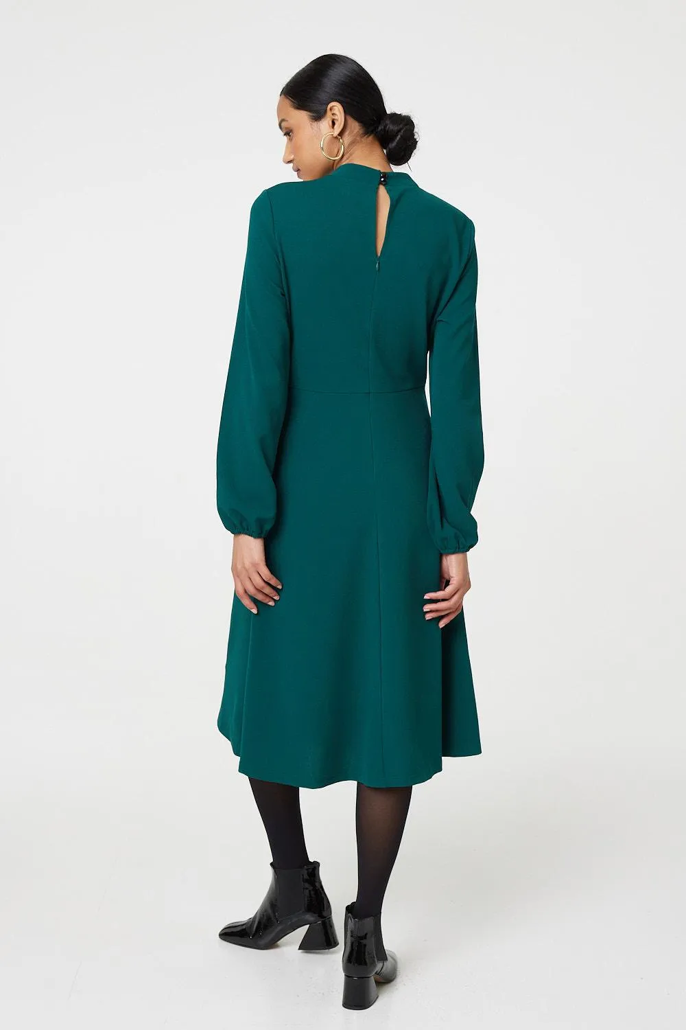 High Neck Long Sleeve A-Line Midi Dress