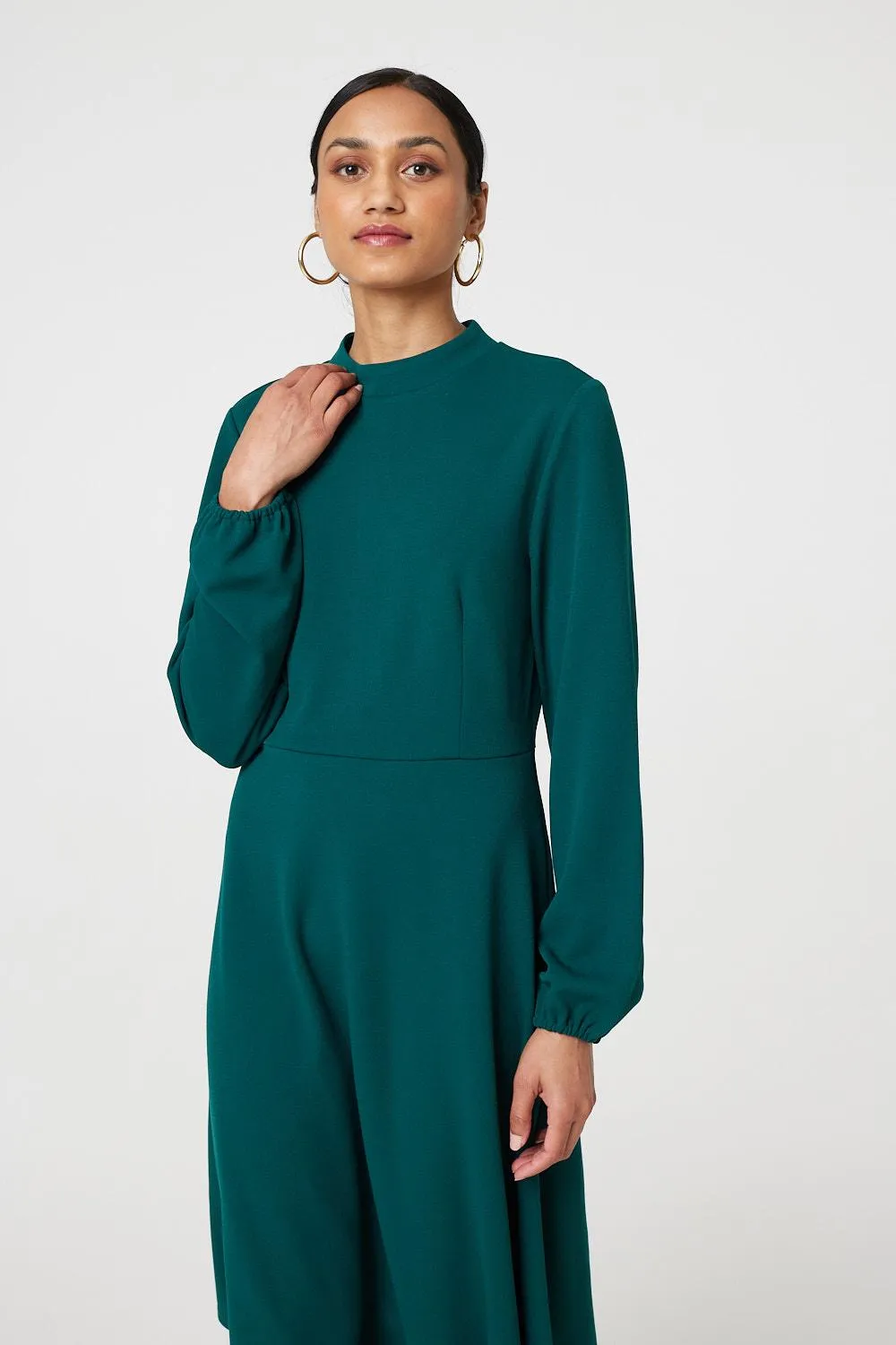 High Neck Long Sleeve A-Line Midi Dress