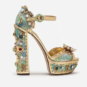 Luxury Crystal Embellished Square Heel Sandals