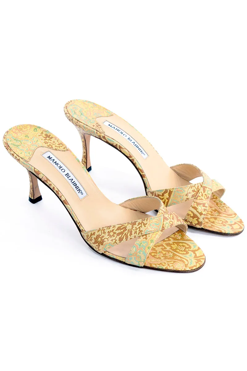 Manolo Blahnik Size 38.5 Gold Turquoise Bronze Floral Heel Sandals