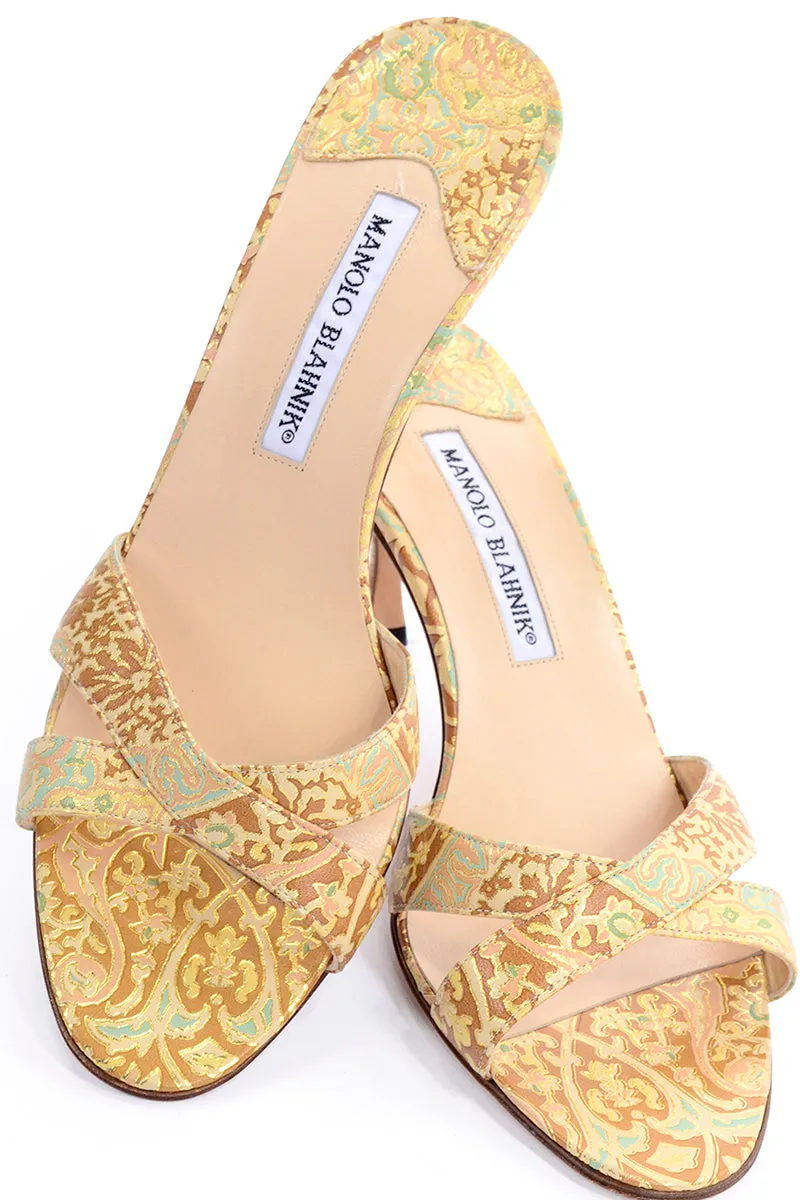 Manolo Blahnik Size 38.5 Gold Turquoise Bronze Floral Heel Sandals