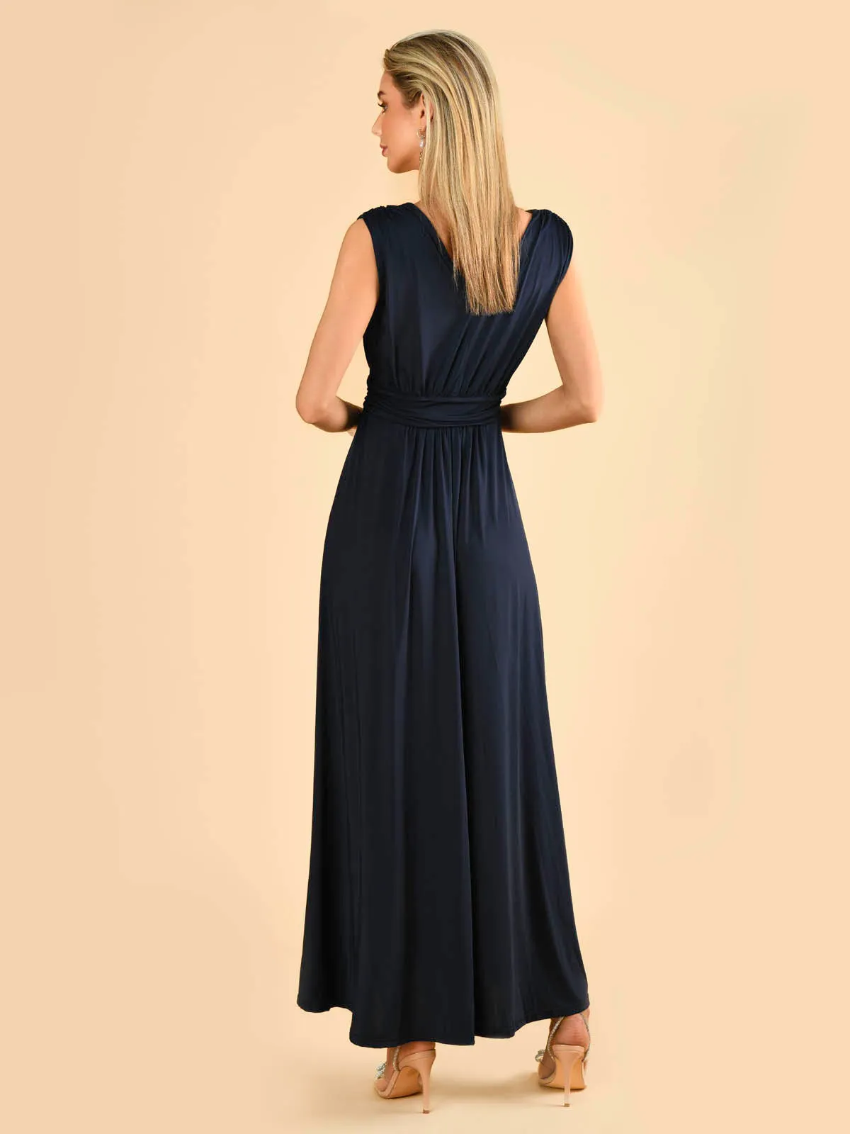 Plunge V Neck Draped Maxi Dress, Navy