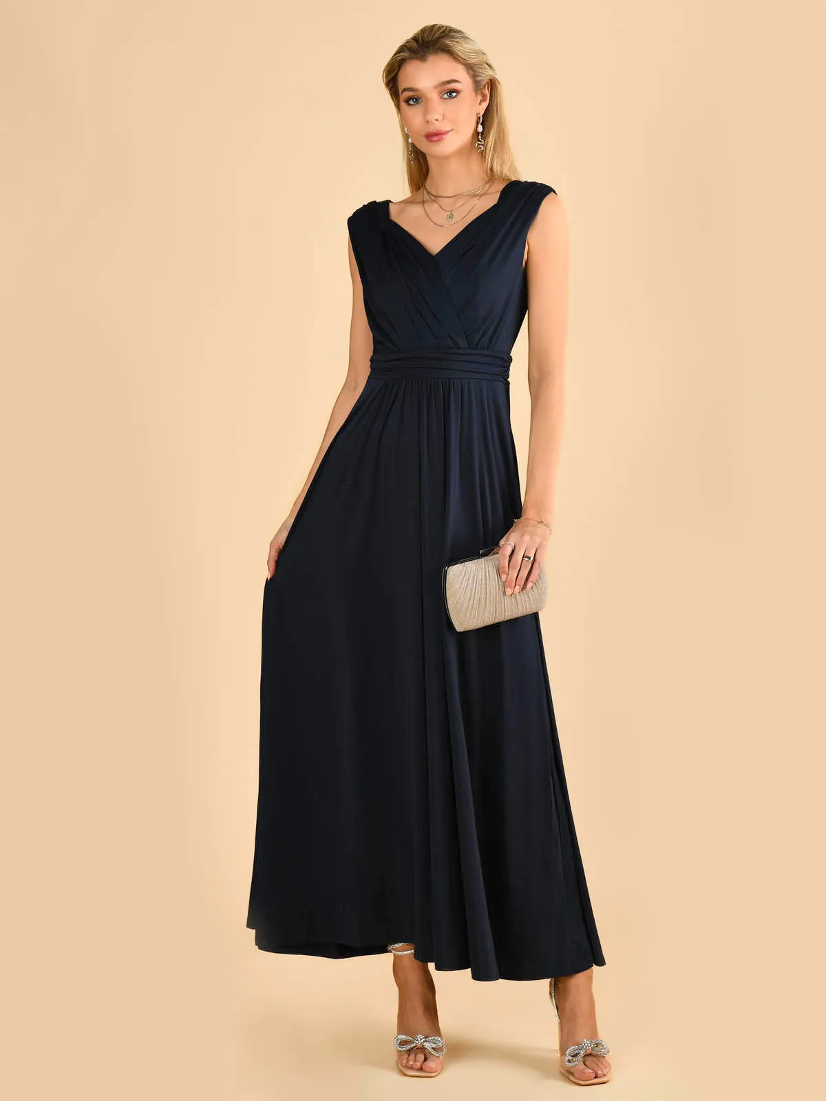 Plunge V Neck Draped Maxi Dress, Navy