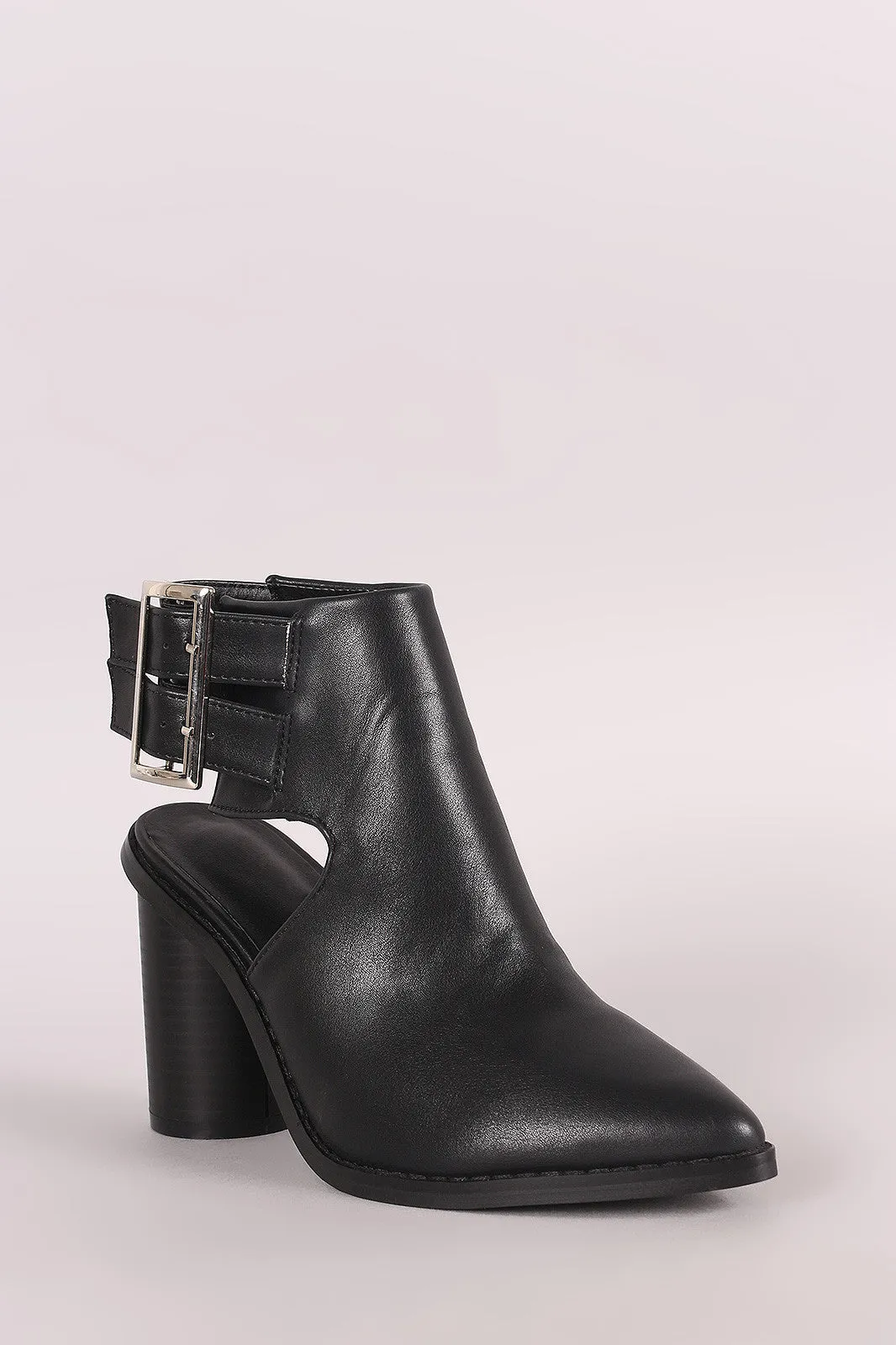 Pointy Toe Double Buckled Cylindrical-Heeled Ankle Boots