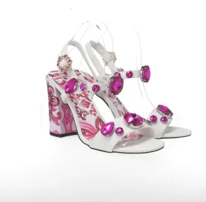 Porcelain Print Embellished Chunky Heel Sandals