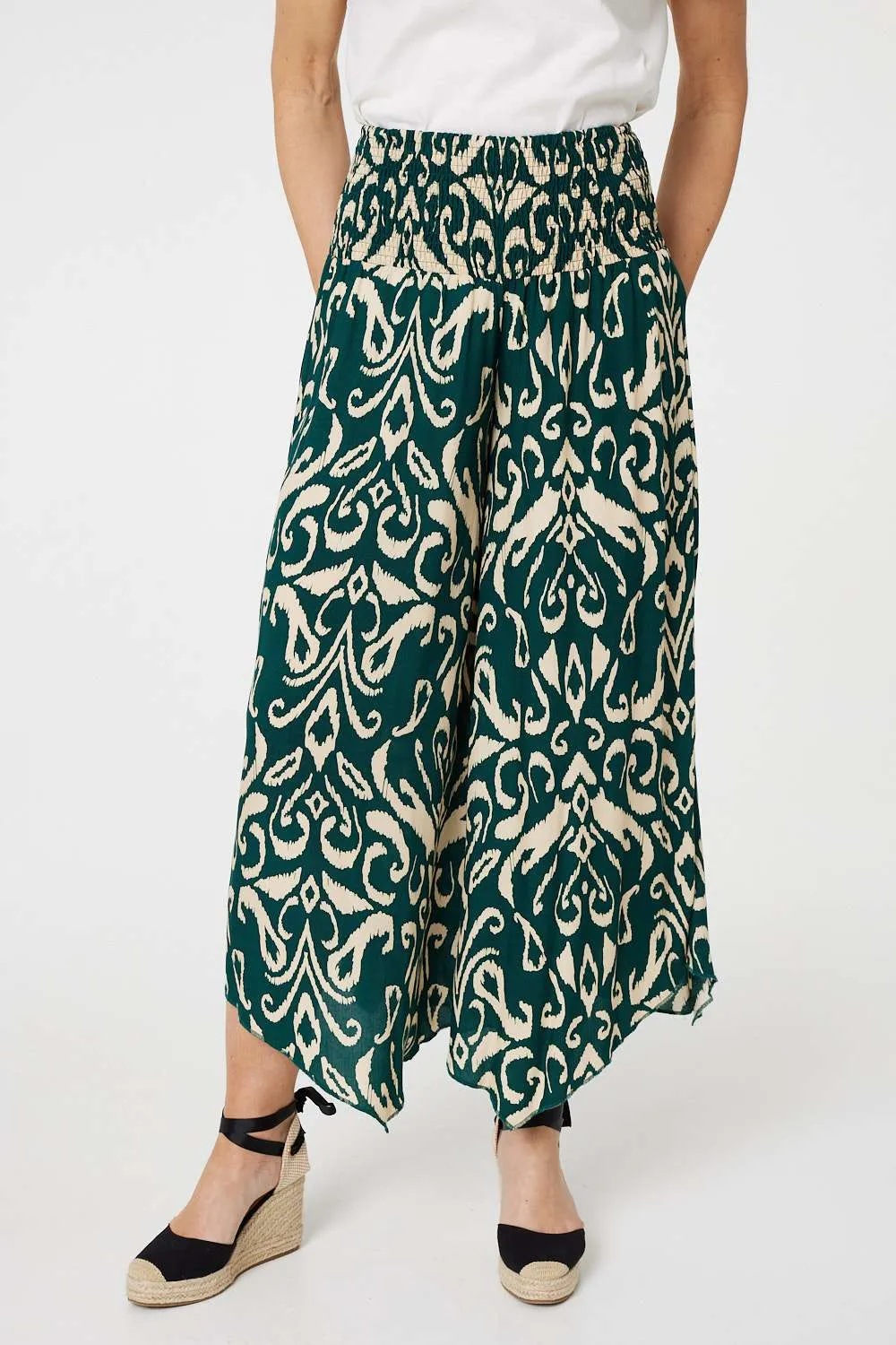 Printed Shirred Waist Wide Leg Trousers