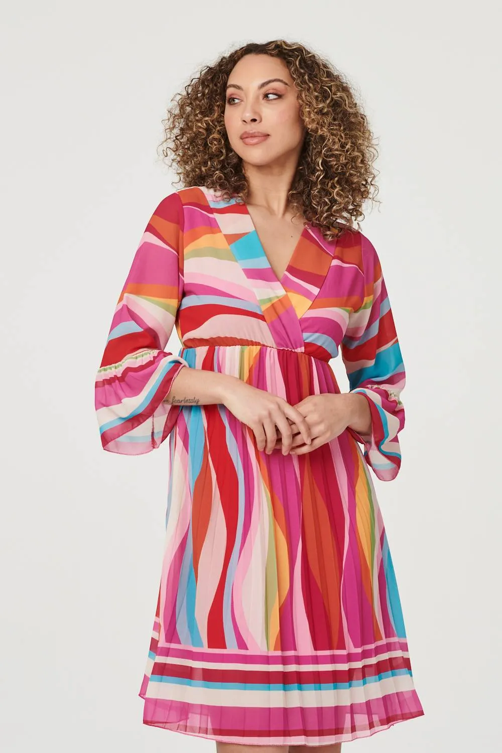 Retro Print 3/4 Sleeve Pleated Dress